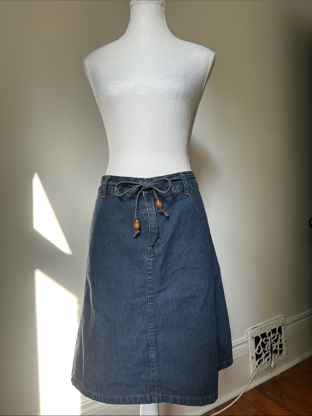 Classic Denim Midi Skirt with Tie Waist